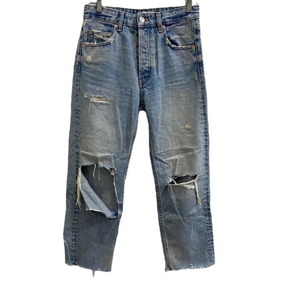 Zara Denim - ZARA womens distressed high waist mom BLUE denim jeans sz 2 34